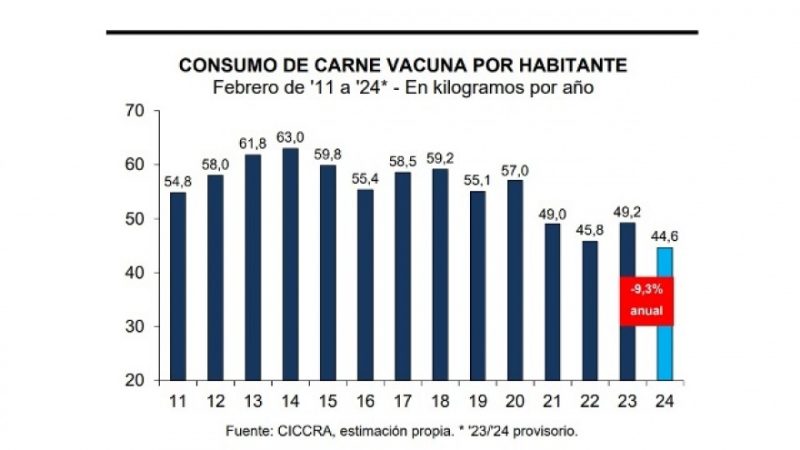 Fuerte caída del consumo de carne en los dos primeros meses de 2024