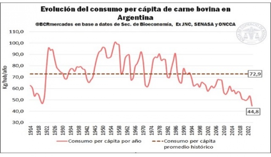 El consumo de carne vacuna en Argentina alcanza un mínimo histórico