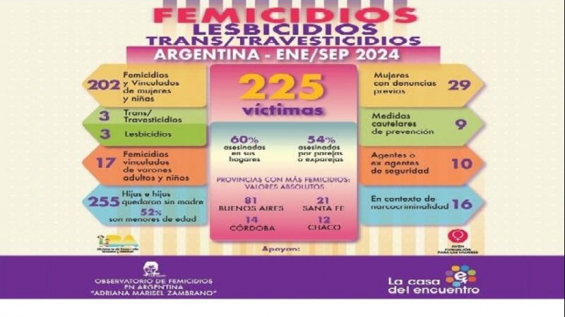 En lo que va del año se registraron en Argentina 225 femicidios